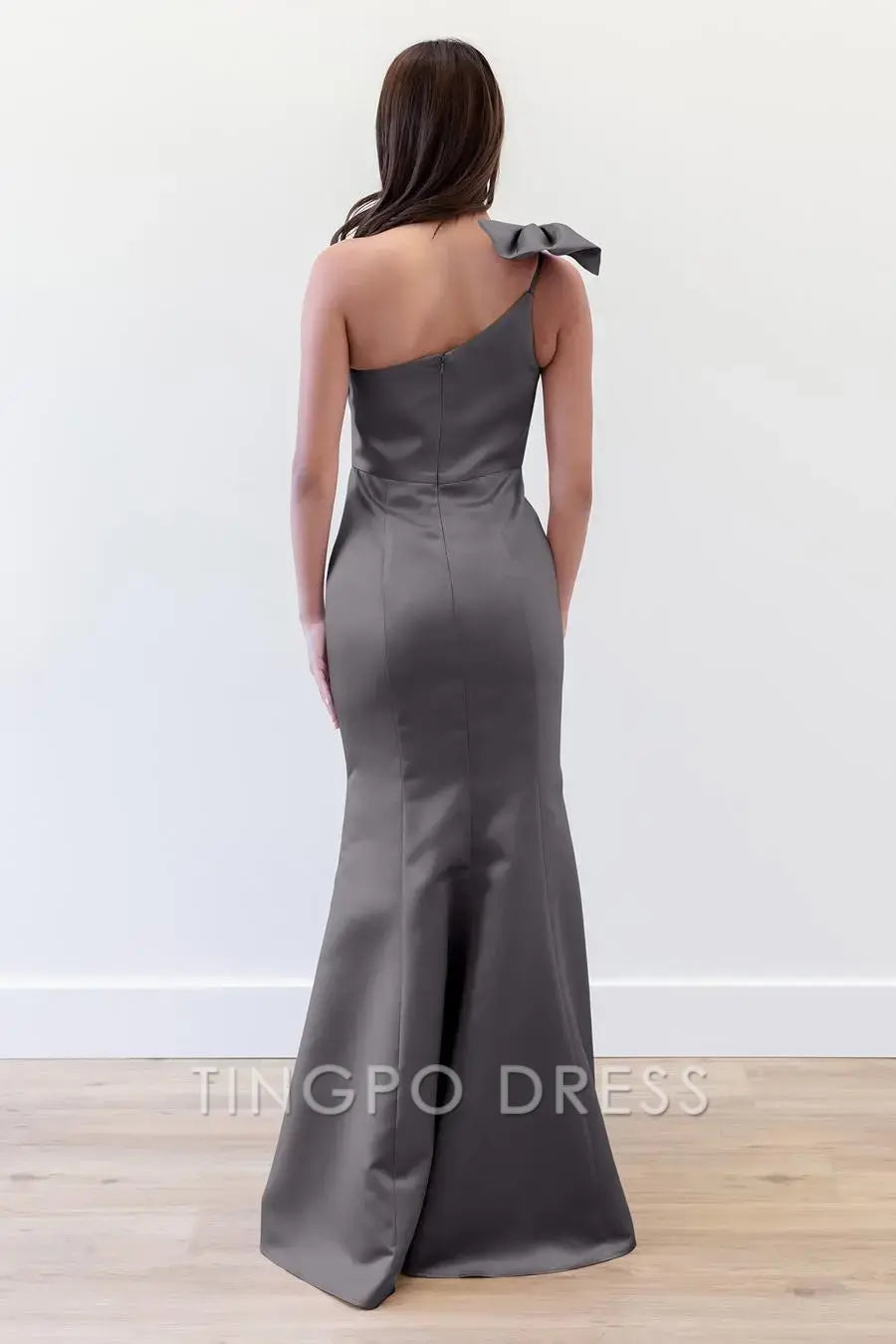 TingPo Wholesale Elegant Slanted shoulder butterfly condensation back tight zipper straight tube skirt and floor mop skirt formal women's dress